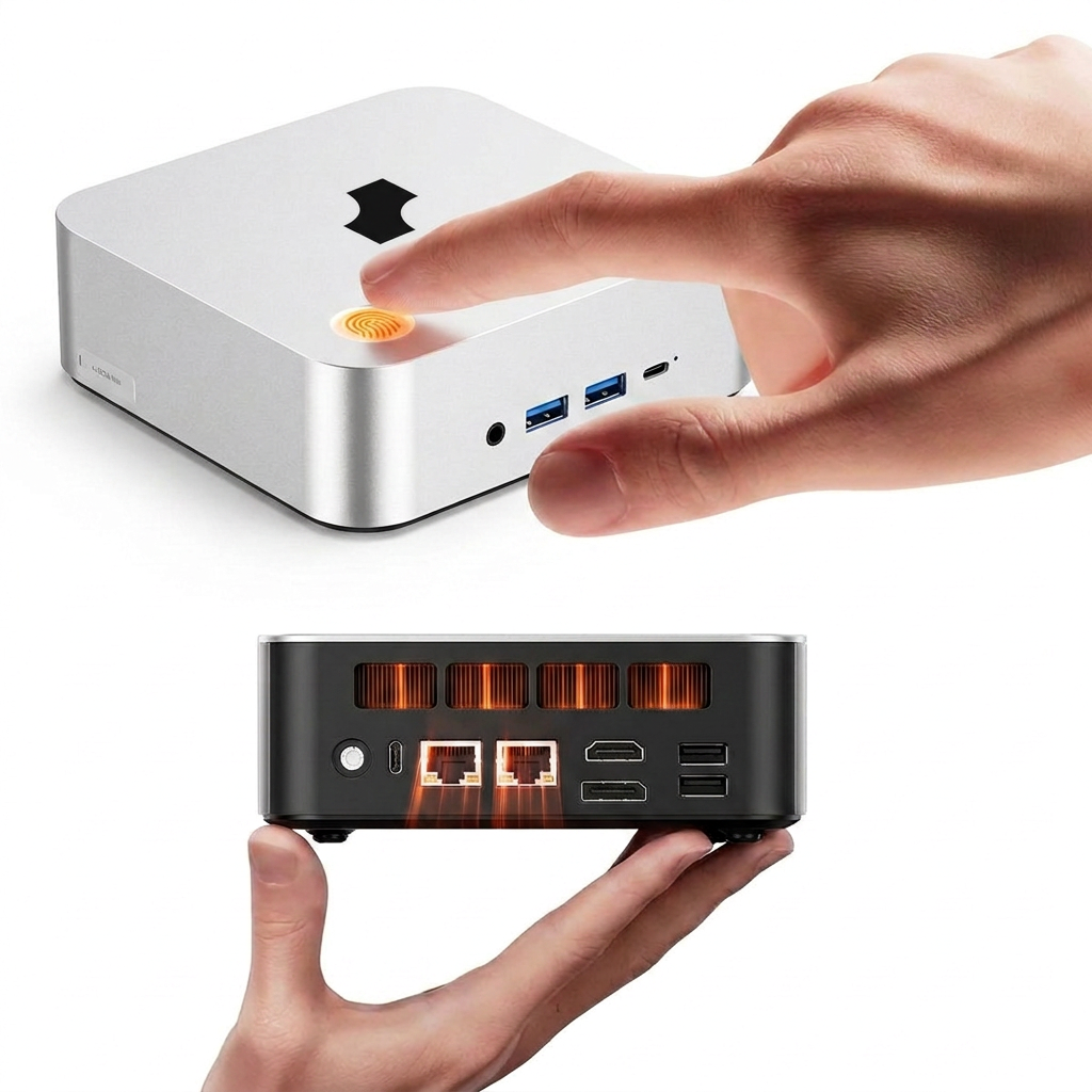 Mythoros© — front ports, top panel, rear I/O with cooling, and profile view